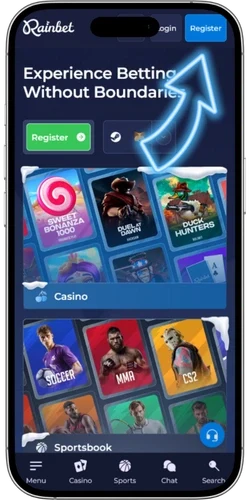 Rainbet rejestracja przycisk Register na stronie głównej