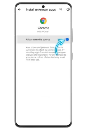 Ekran ustawień Androida z włączoną opcją instalacji aplikacji z nieznanych źródeł dla Chrome