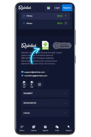 Strona Rainbet z przyciskiem pobierania pliku APK na urządzenie z Androidem