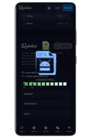 Proces pobierania pliku APK aplikacji Rainbet na telefon z Androidem